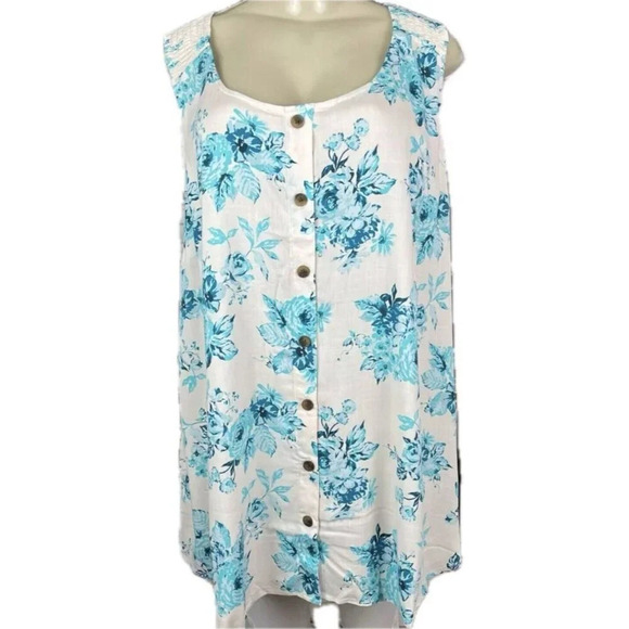 Torrid + 4 Blue Floral Scoop Neck Button Detail Curved Hem Sleeveless Blouse - Picture 2 of 7